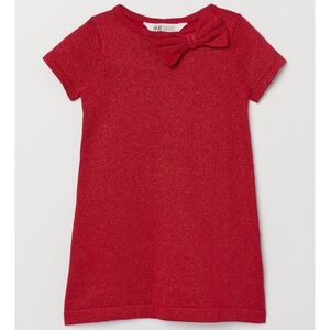 H&M Girls Red Fine Knit Glittery Red Bow Holiday Christmas Dress Size 8-10